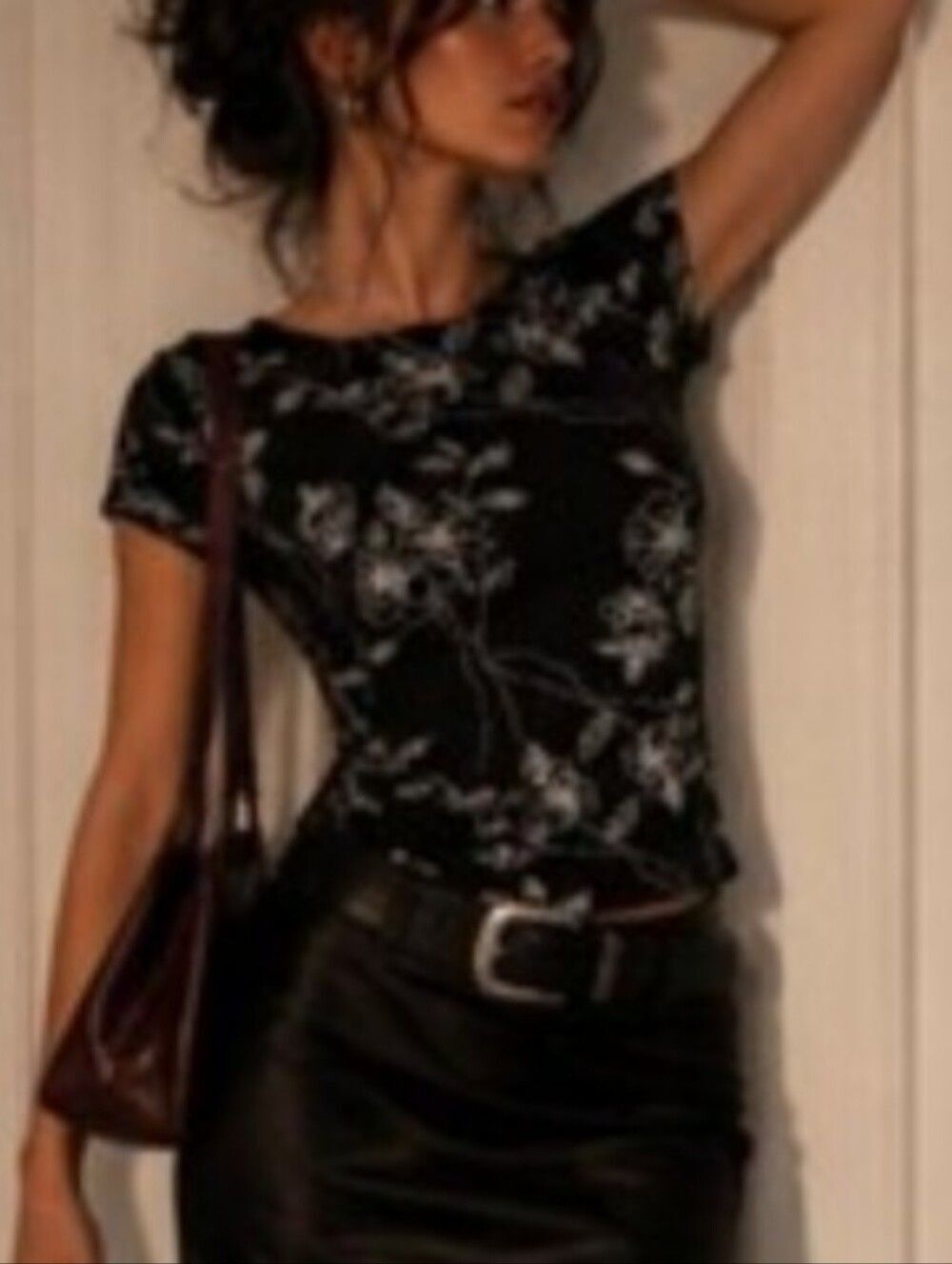 Vtg Black Silver Acetate Floral XL S/S Scoop Neck Bling Fairy Whimsygoth Etherea